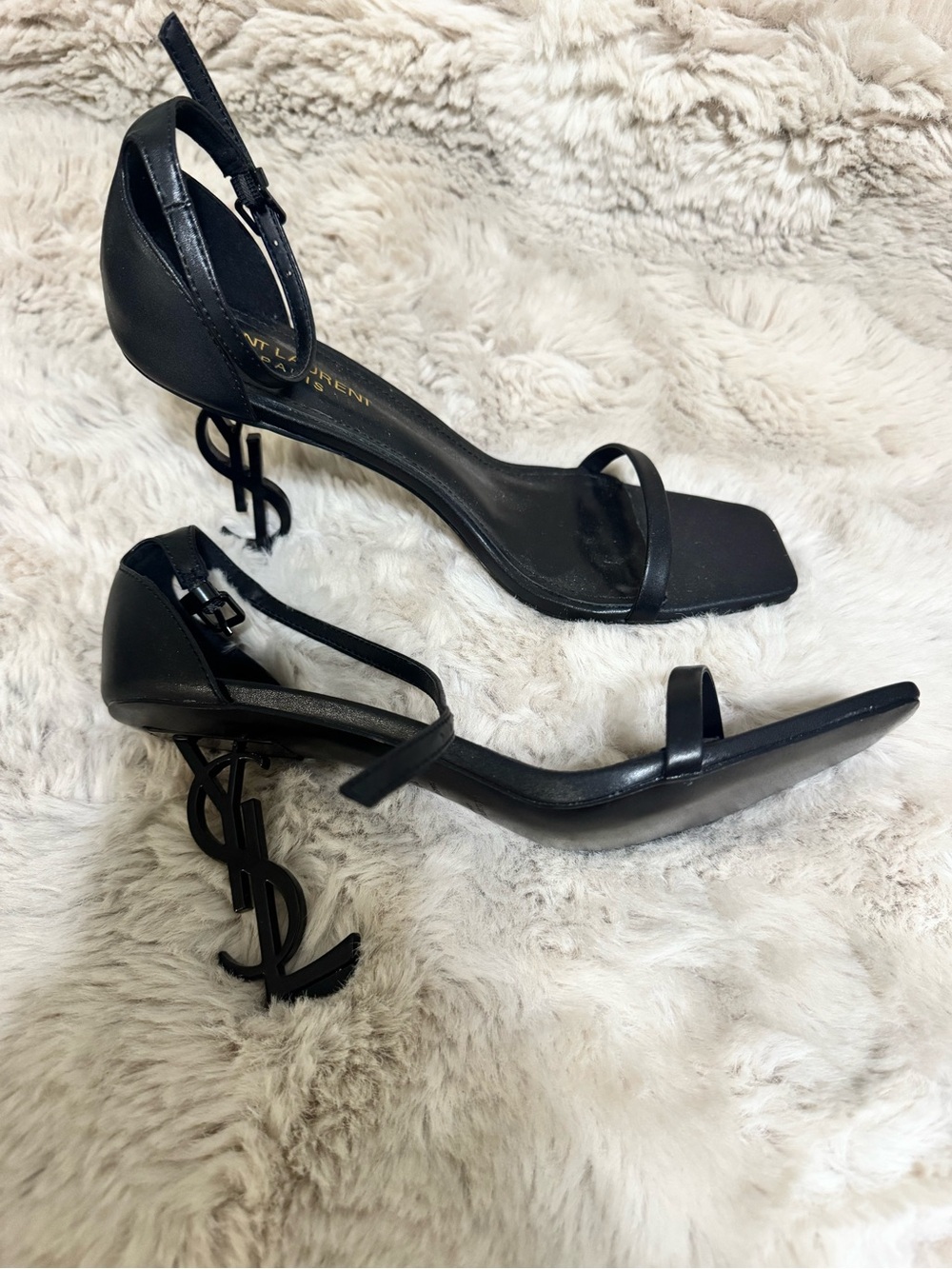 Saint Laurent Black Sculptural YSL Logo Heel Sandals